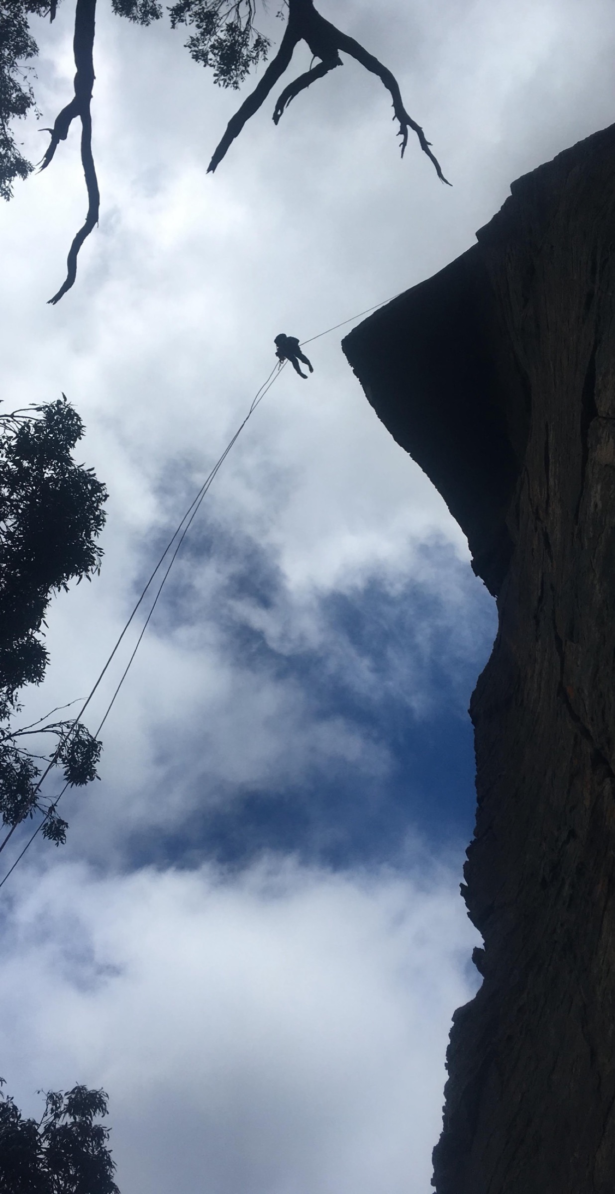 A climber rappelling into open cloud off a high cliff in the Grampians