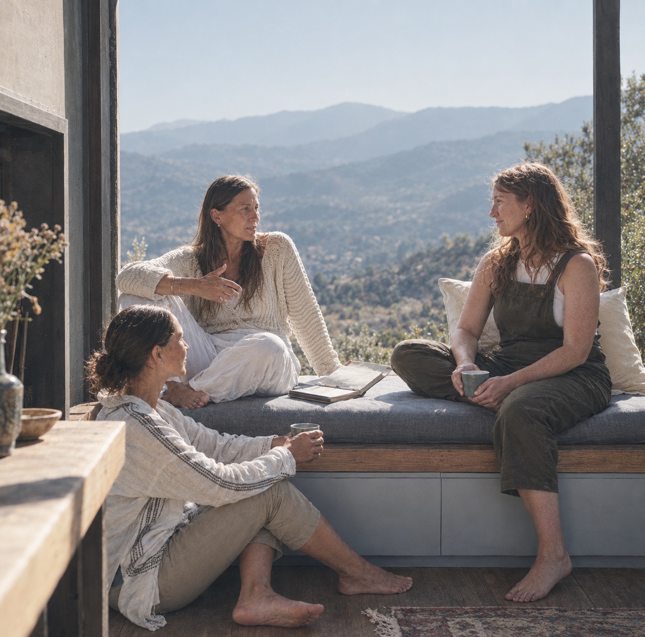 Three women in conversation on a window seat, mountains beyond