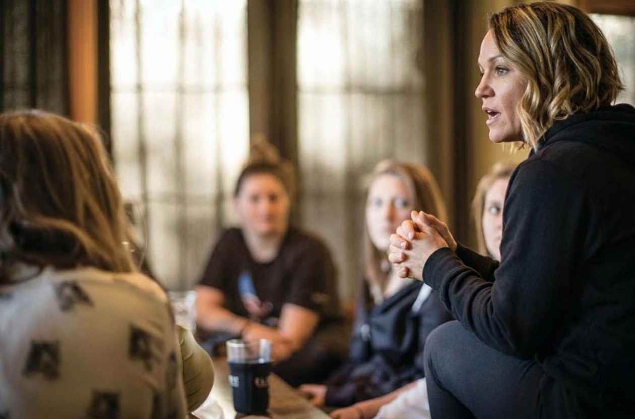 Marta leading a circle of women in conversation in a warm room